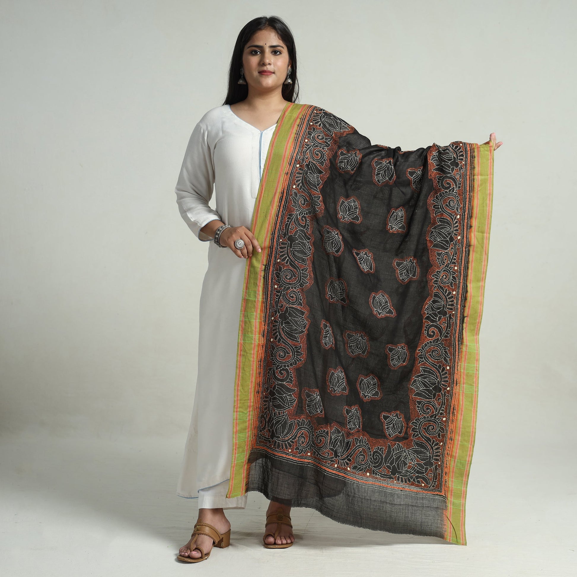 Black - Bengal Kantha Embroidery Cotton Handloom Dupatta 110
