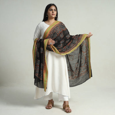 Black - Bengal Kantha Embroidery Cotton Handloom Dupatta 110