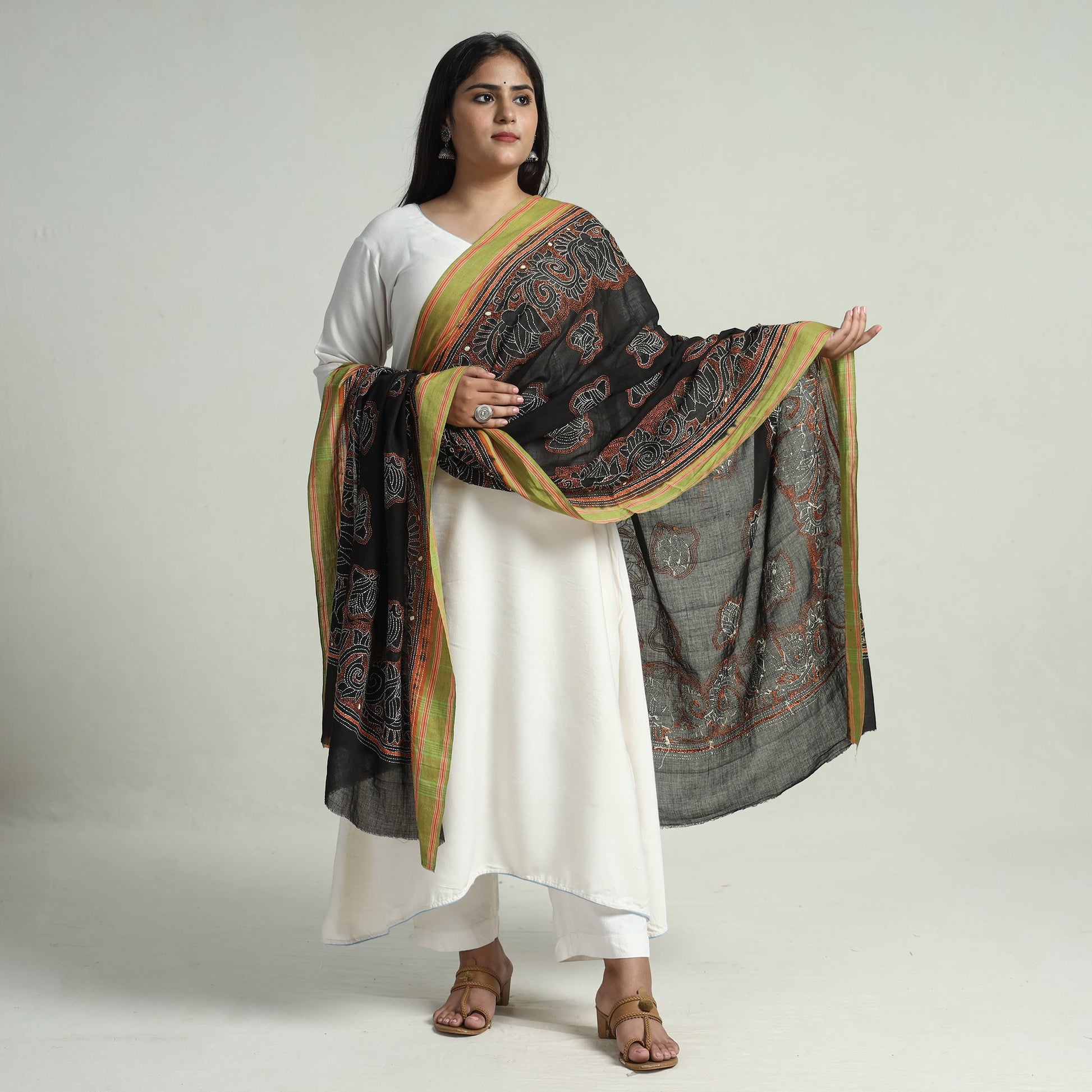Black - Bengal Kantha Embroidery Cotton Handloom Dupatta 110