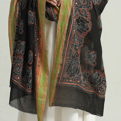 Black - Bengal Kantha Embroidery Cotton Handloom Dupatta 110