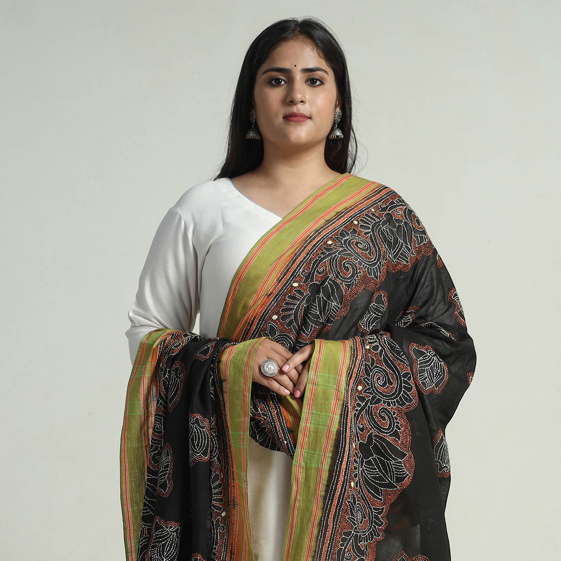 Black - Bengal Kantha Embroidery Cotton Handloom Dupatta 110