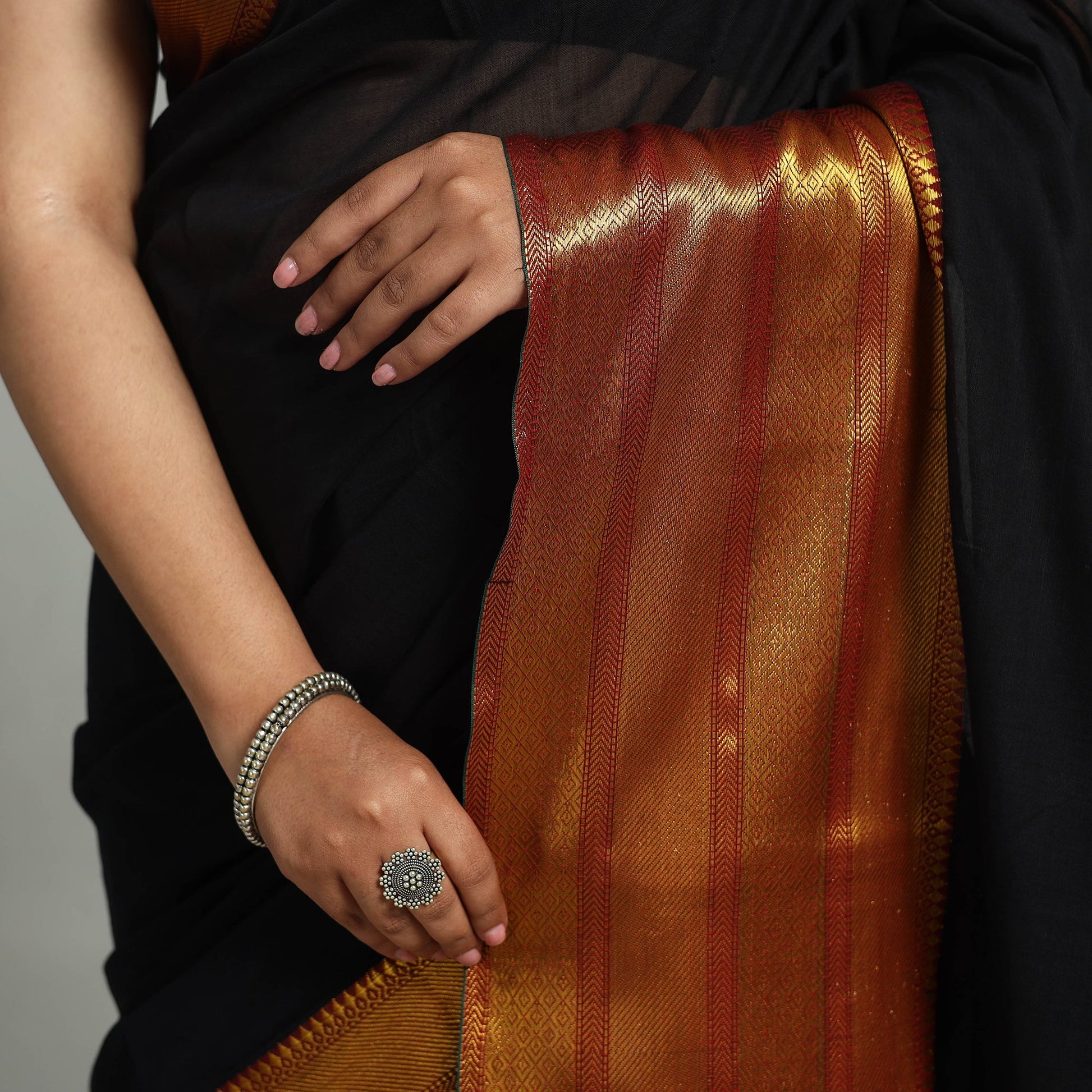 Black - Dharwad Cotton Saree with Zari Border