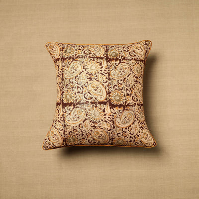 Beige - Block Print Cotton Kalamkari Cushion Cover (16 x 16 in) 03