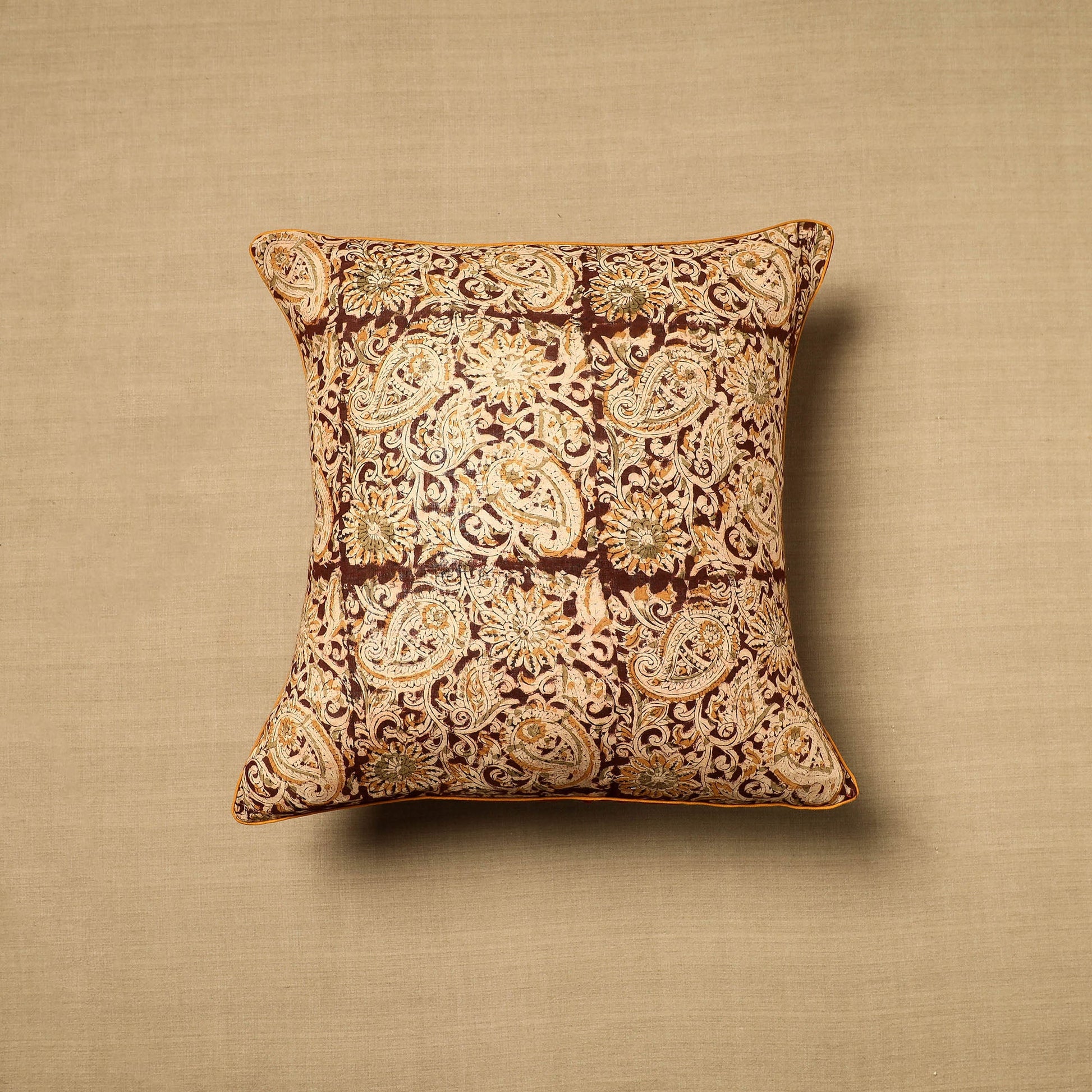 Beige - Block Print Cotton Kalamkari Cushion Cover (16 x 16 in) 03