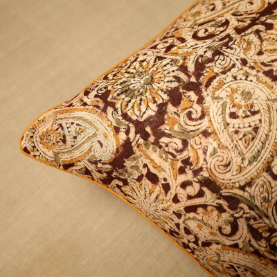 Beige - Block Print Cotton Kalamkari Cushion Cover (16 x 16 in) 03