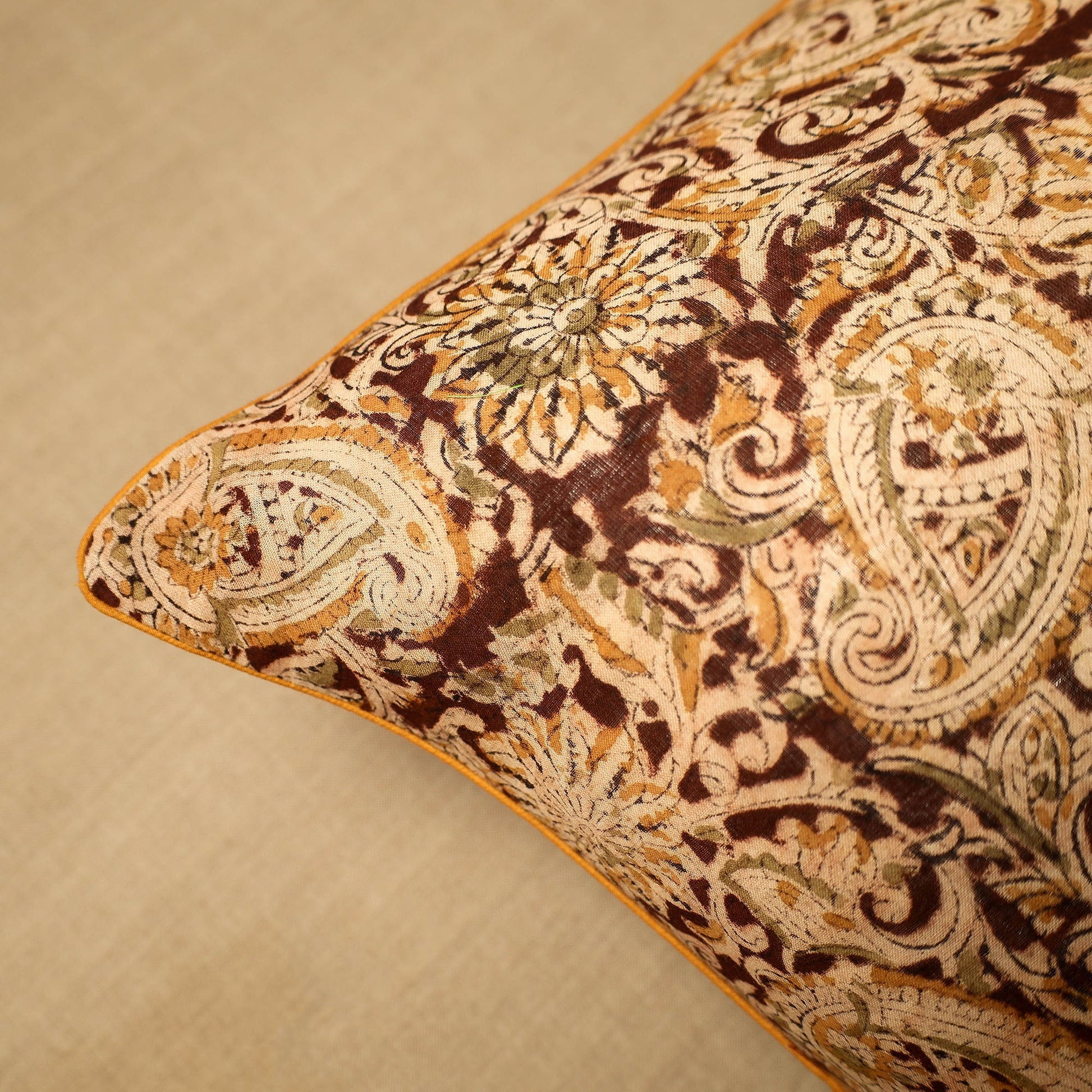 Beige - Block Print Cotton Kalamkari Cushion Cover (16 x 16 in) 03