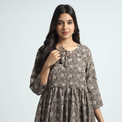 Brown - Bindaas Art Block Printed Cotton Dress
