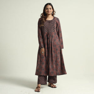 Brown - Block Print Cotton Flared Ajrakh Kurta with Palazzo Set