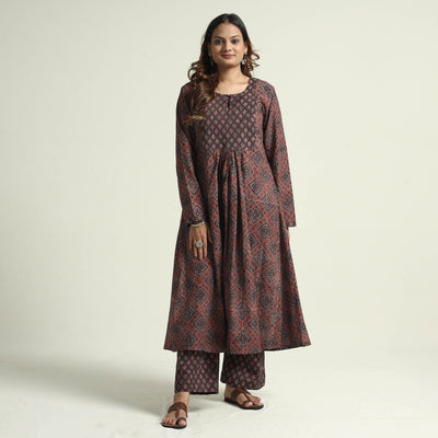 Brown - Block Print Cotton Flared Ajrakh Kurta with Palazzo Set