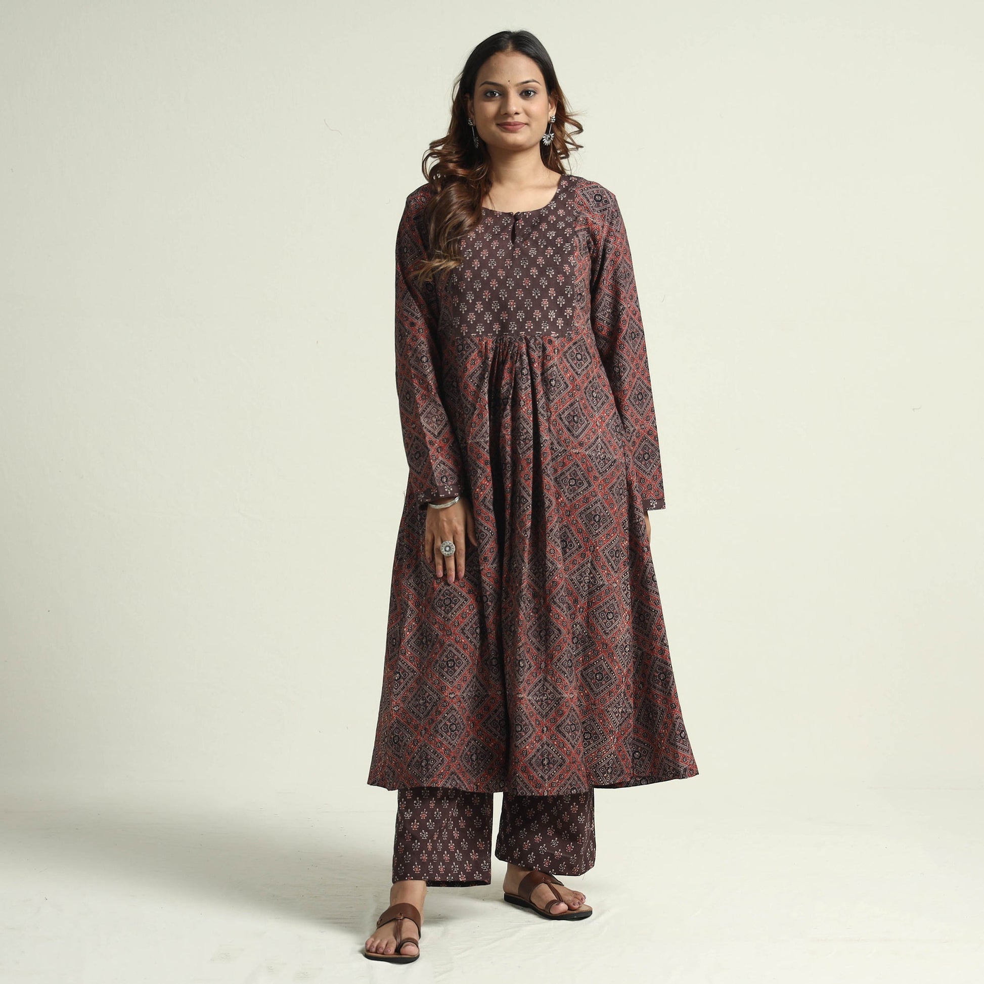 Brown - Block Print Cotton Flared Ajrakh Kurta with Palazzo Set