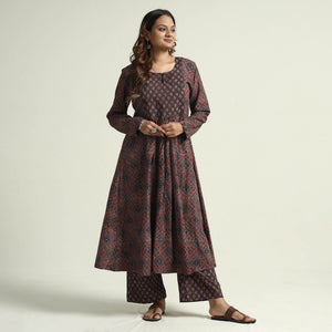 Brown - Block Print Cotton Flared Ajrakh Kurta with Palazzo Set