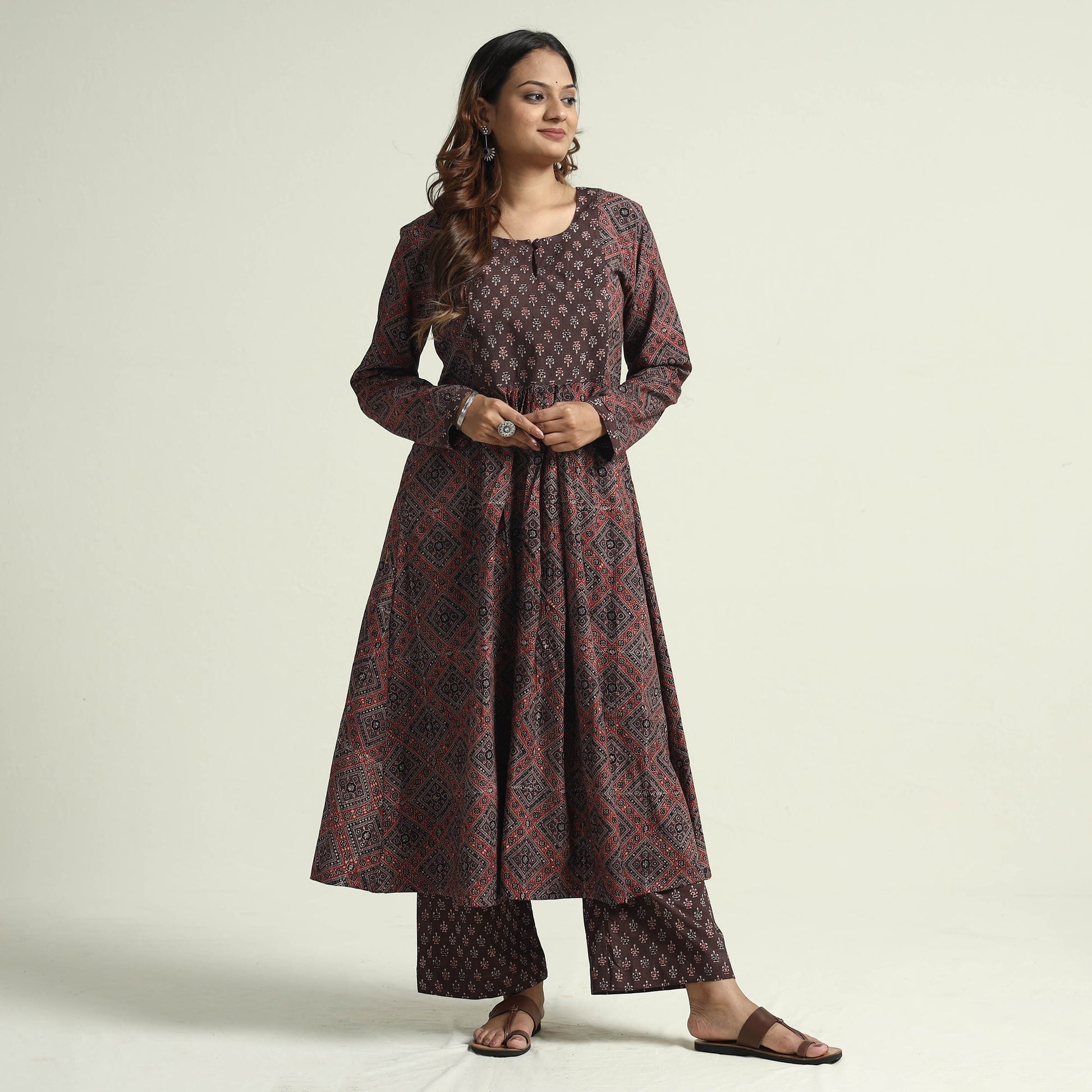 Brown - Block Print Cotton Flared Ajrakh Kurta with Palazzo Set