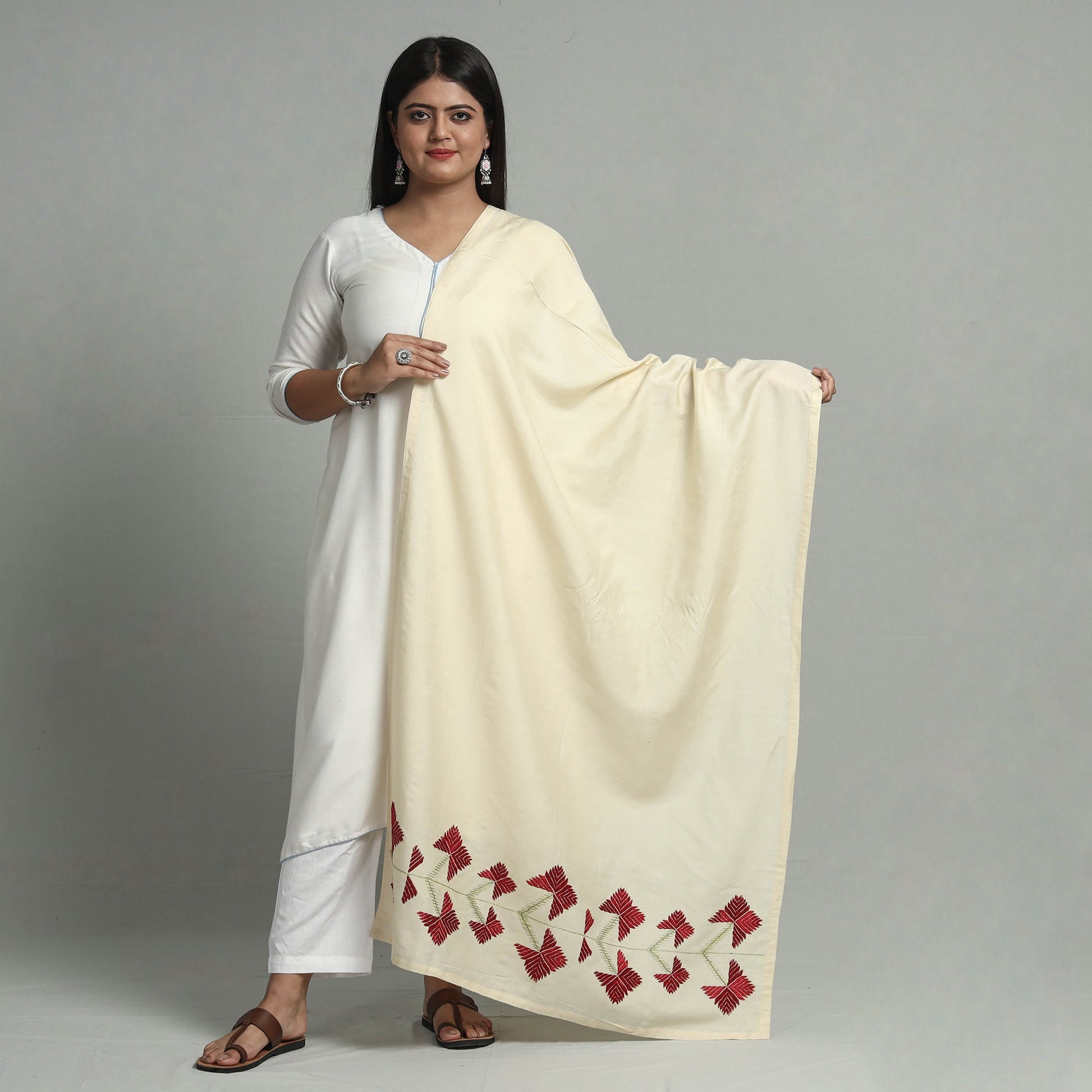 Beige - Phulkari Hand Embroidery Silk Handloom Dupatta