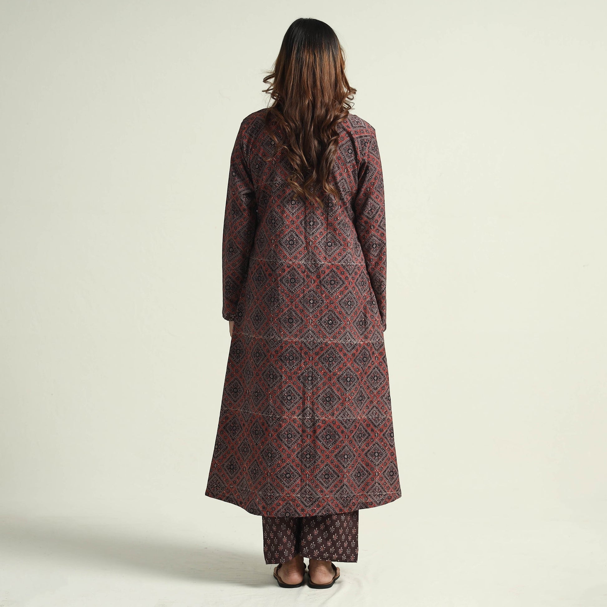 Brown - Block Print Cotton Flared Ajrakh Kurta with Palazzo Set