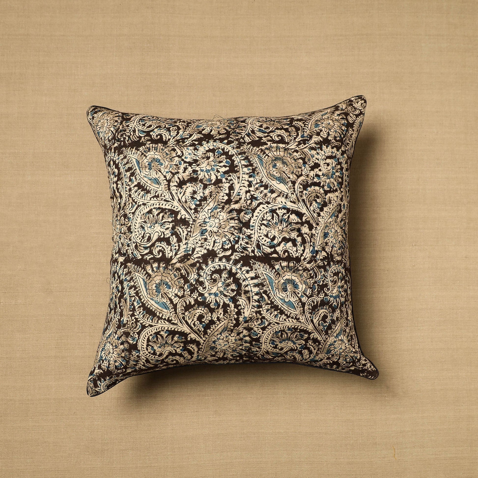 Black - Block Print Cotton Kalamkari Cushion Cover (16 x 16 in) 05