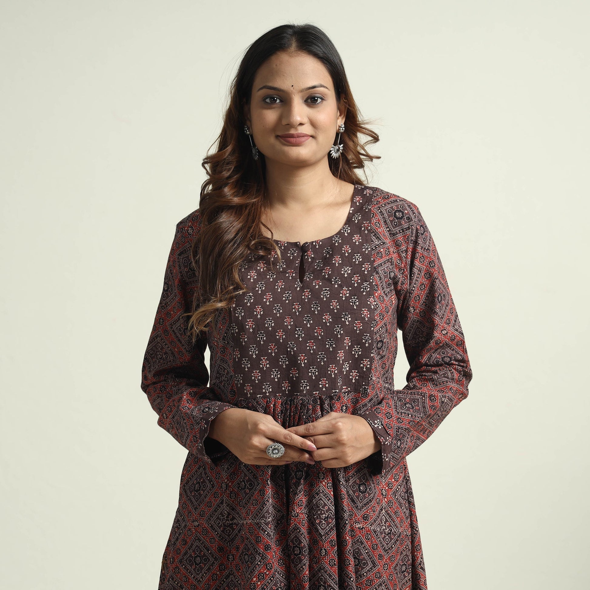 Brown - Block Print Cotton Flared Ajrakh Kurta with Palazzo Set