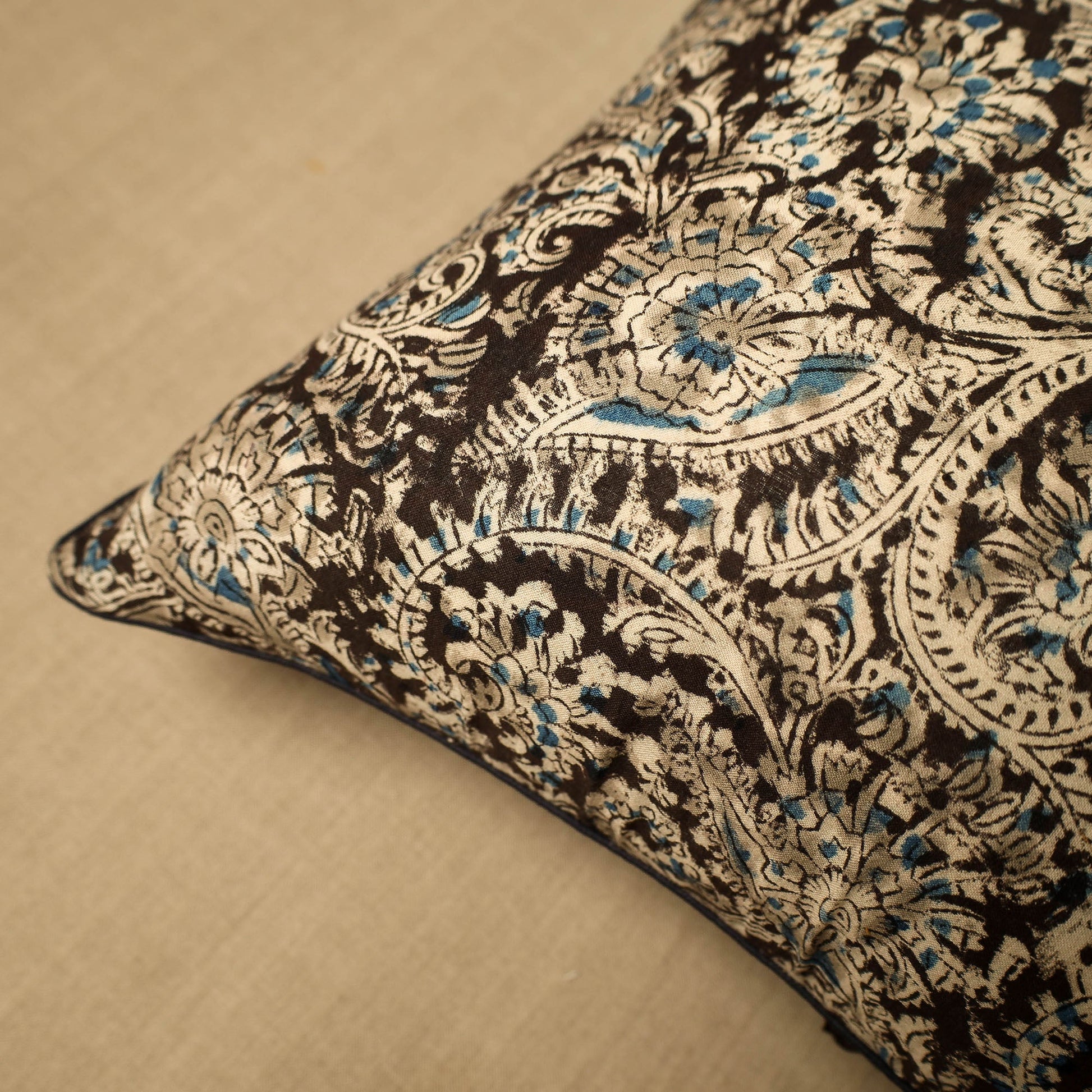 Black - Block Print Cotton Kalamkari Cushion Cover (16 x 16 in) 05