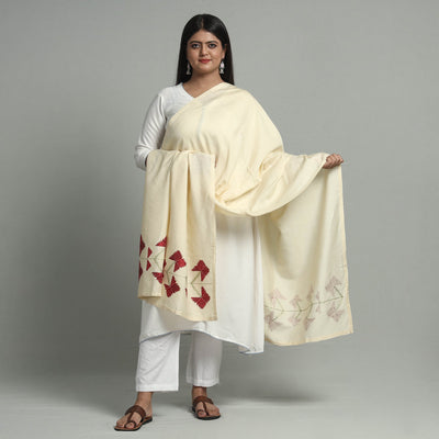 Beige - Phulkari Hand Embroidery Silk Handloom Dupatta