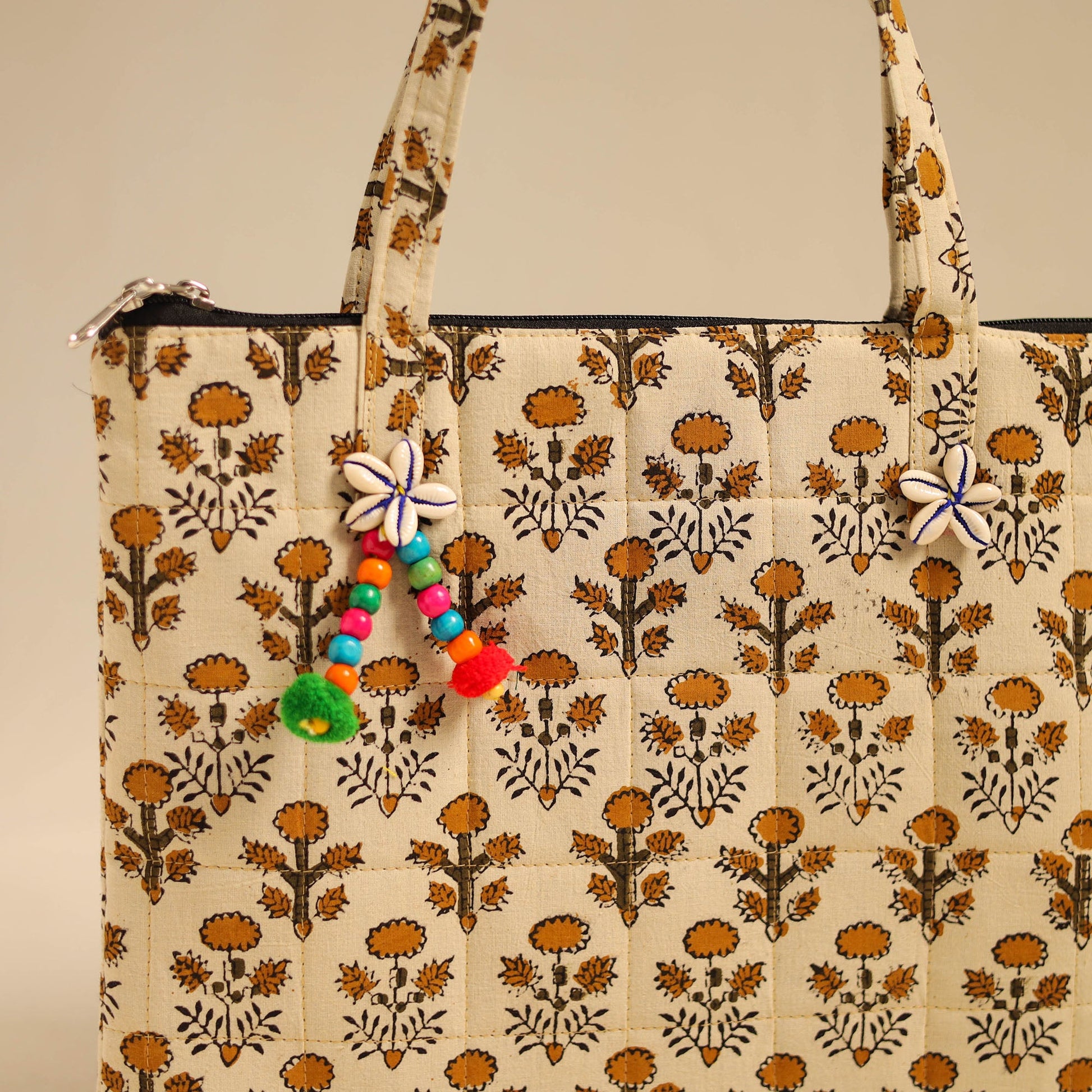 Beige - Handcrafted Quilted Cotton Handbag 03