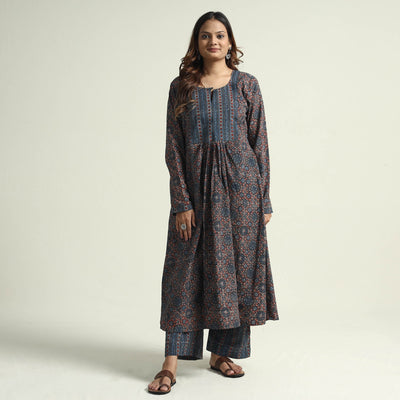 Blue - Block Print Cotton Flared Ajrakh Kurta with Palazzo Set