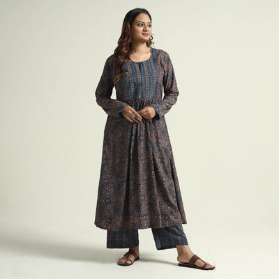 Blue - Block Print Cotton Flared Ajrakh Kurta with Palazzo Set