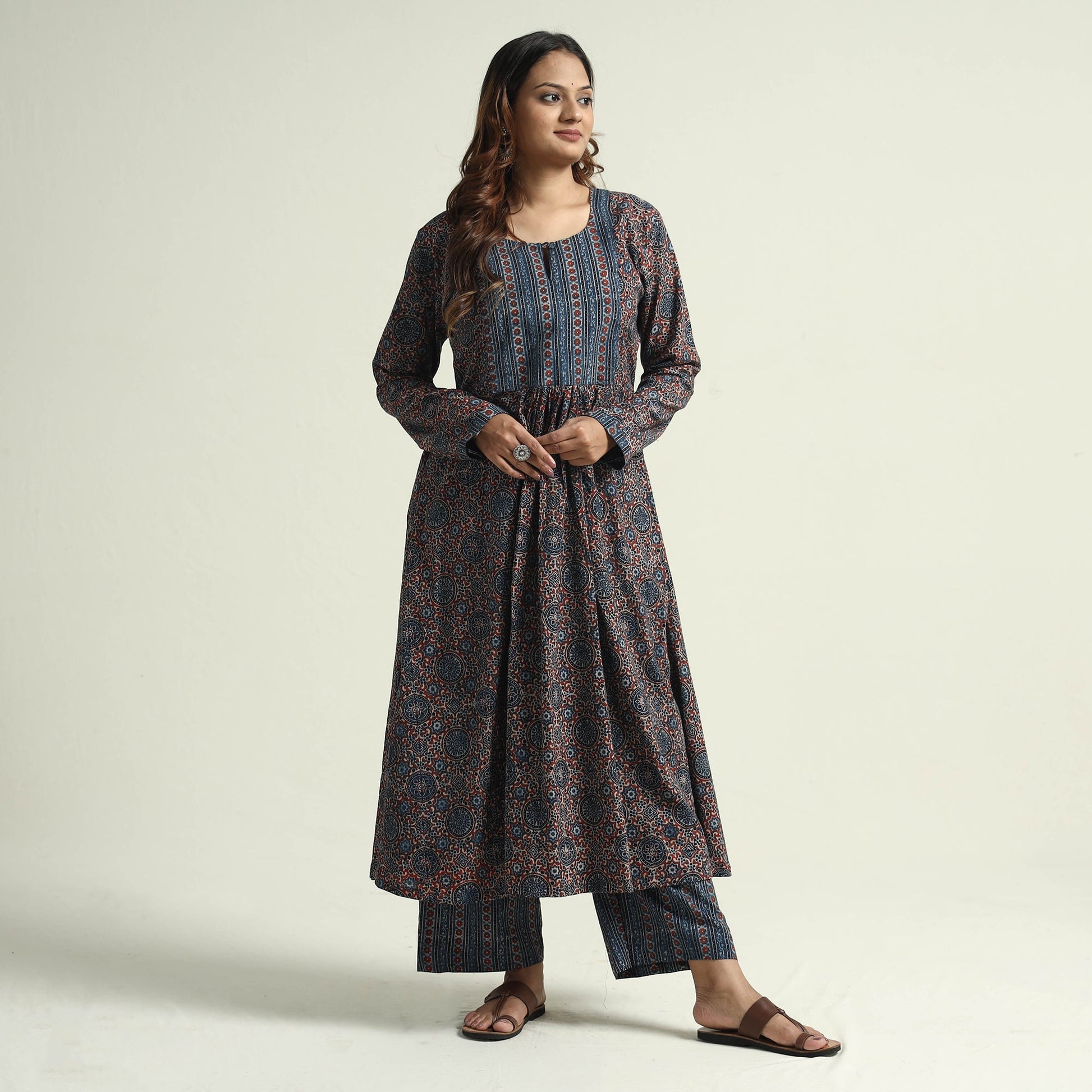 Blue - Block Print Cotton Flared Ajrakh Kurta with Palazzo Set