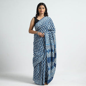 Blue - Bagru Dabu Block Printed Mul Cotton Saree