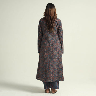 Blue - Block Print Cotton Flared Ajrakh Kurta with Palazzo Set