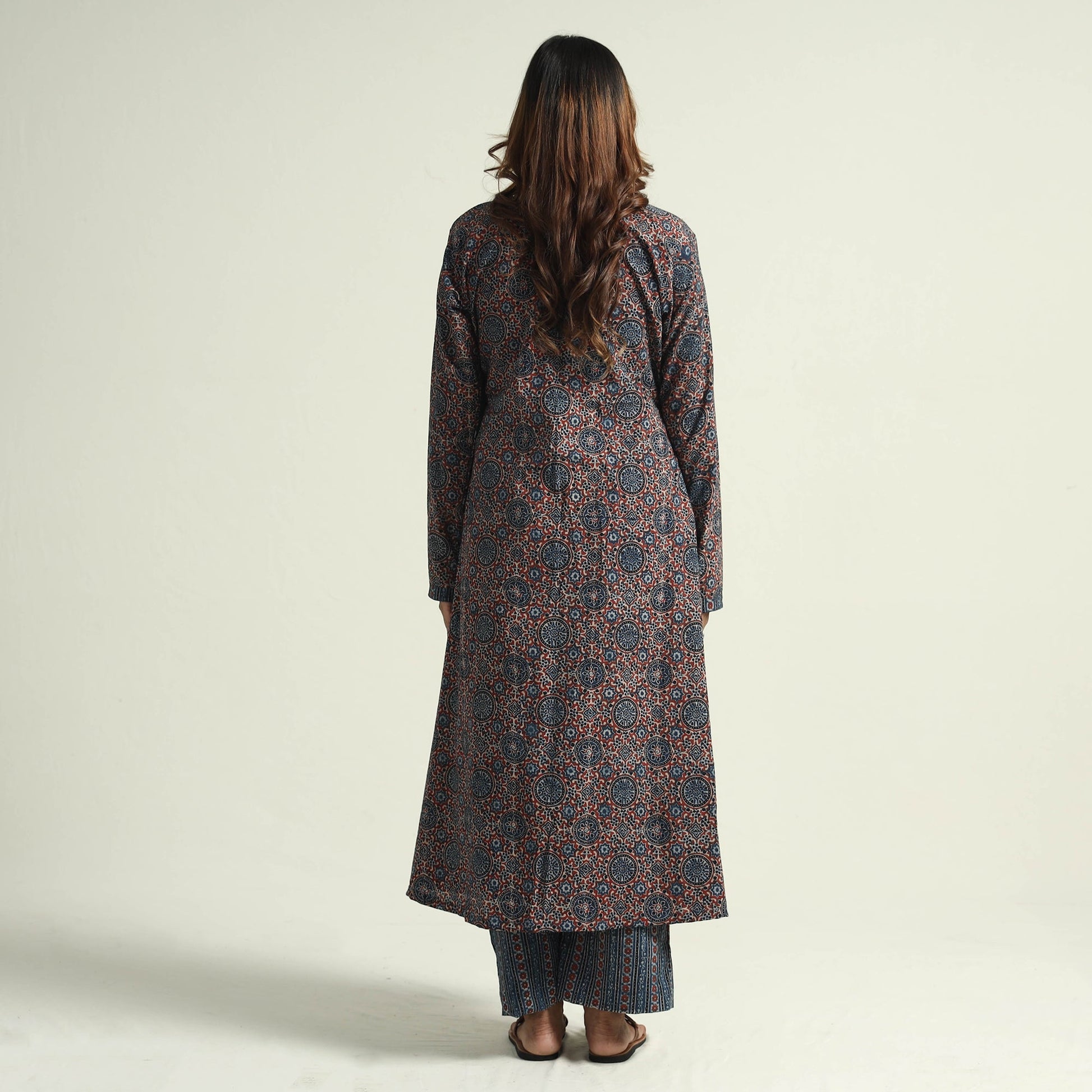 Blue - Block Print Cotton Flared Ajrakh Kurta with Palazzo Set