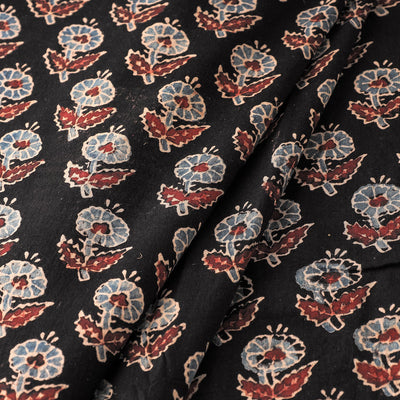 Black - Floral Butta Black Ajrakh Hand Block Printed Cotton Fabric