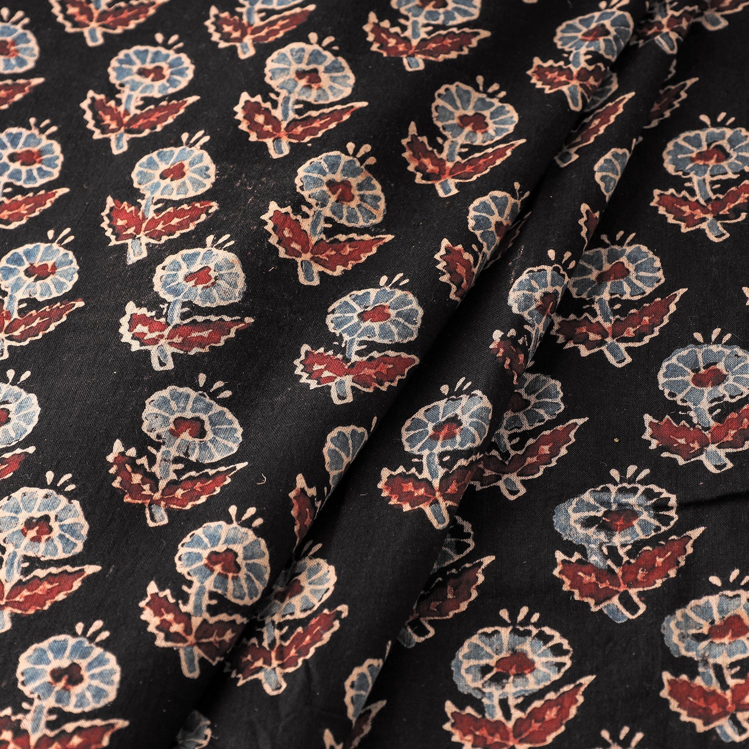 Black - Floral Butta Black Ajrakh Hand Block Printed Cotton Fabric