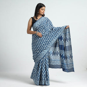 Blue - Bagru Dabu Block Printed Mul Cotton Saree