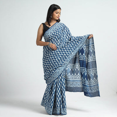 Blue - Bagru Dabu Block Printed Mul Cotton Saree
