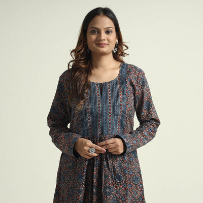 Blue - Block Print Cotton Flared Ajrakh Kurta with Palazzo Set