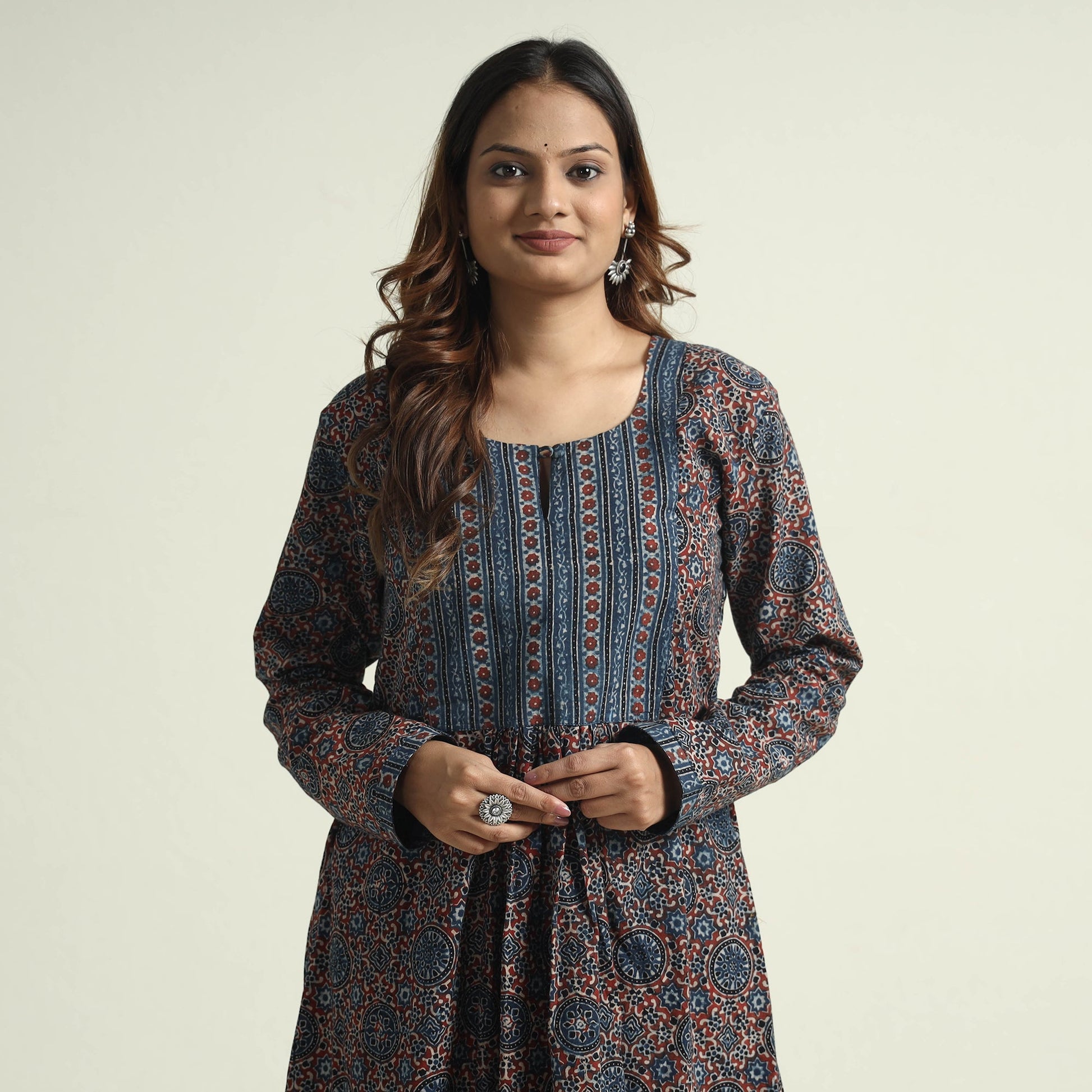 Blue - Block Print Cotton Flared Ajrakh Kurta with Palazzo Set