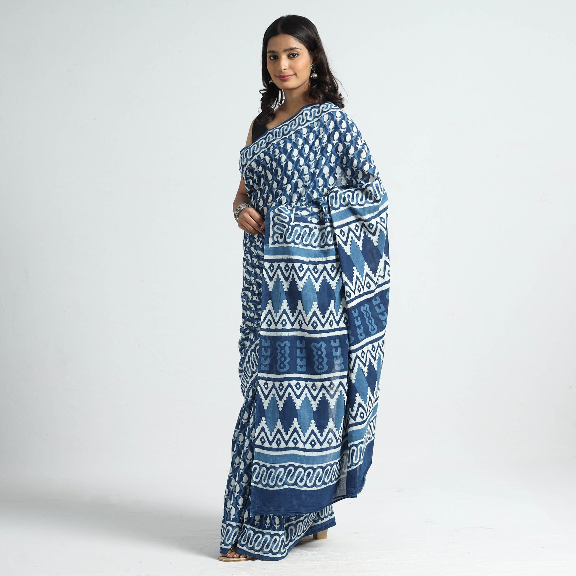 Blue - Bagru Dabu Block Printed Mul Cotton Saree