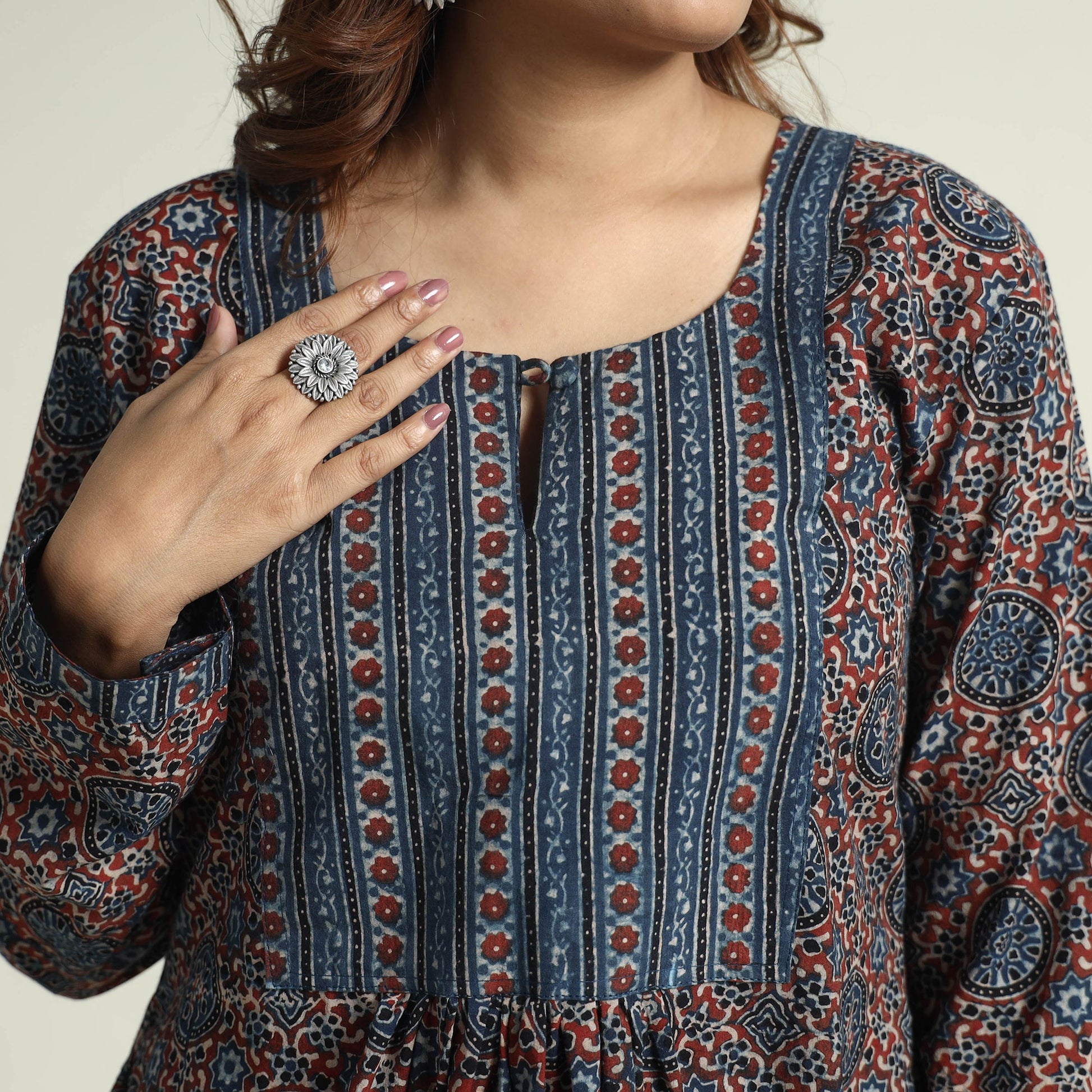 Blue - Block Print Cotton Flared Ajrakh Kurta with Palazzo Set