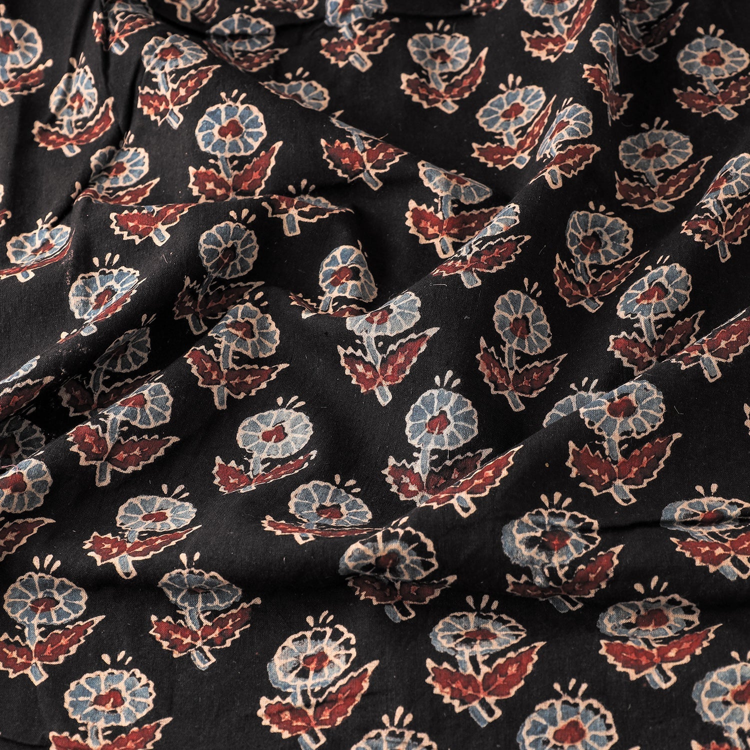 Black - Floral Butta Black Ajrakh Hand Block Printed Cotton Fabric