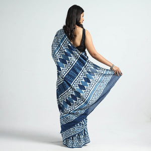 Blue - Bagru Dabu Block Printed Mul Cotton Saree