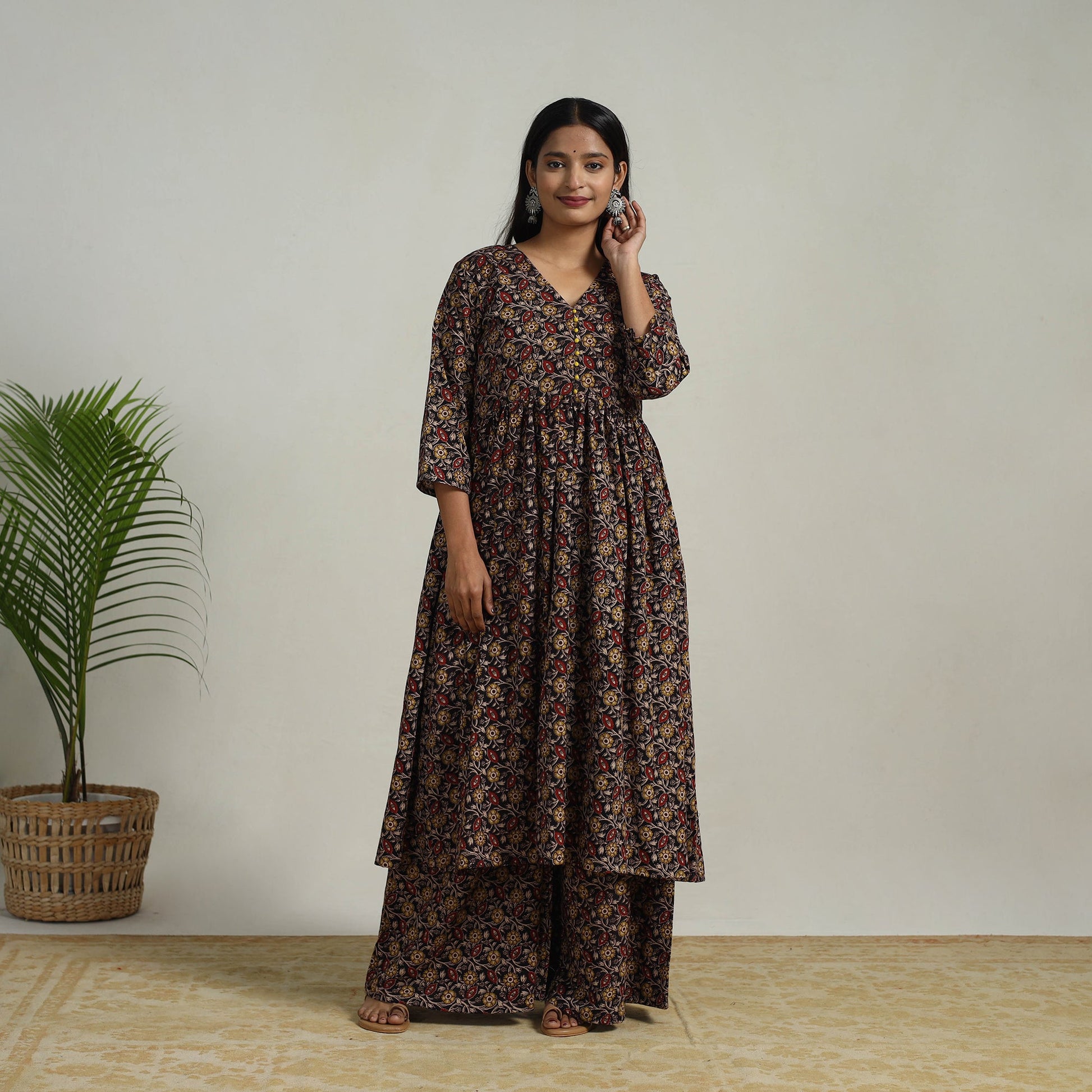Black - Flared Cotton Block Print Kalamkari Kurta Set 24