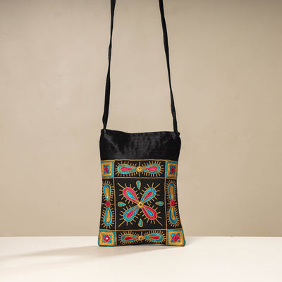 Black - Kutch Ahir Embroidery Mashru Silk Sling Bag