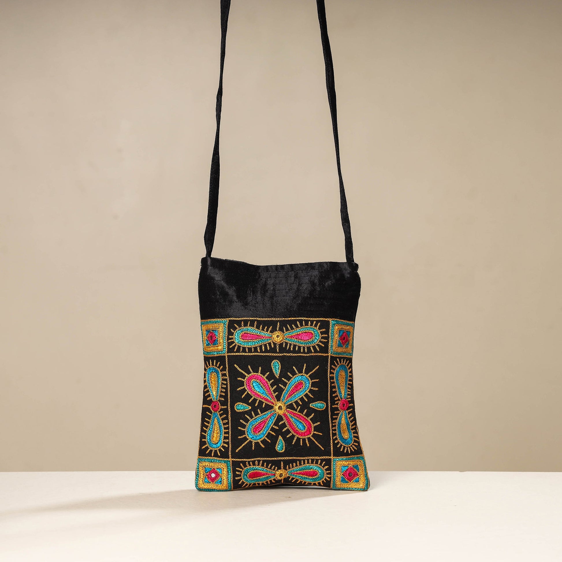Black - Kutch Ahir Embroidery Mashru Silk Sling Bag