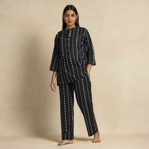 Black Jacquard Cotton Top & Pyjama Night Suit Set