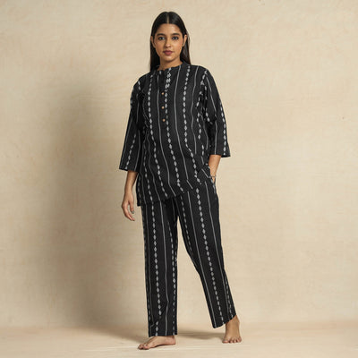 Black Jacquard Cotton Top & Pyjama Night Suit Set