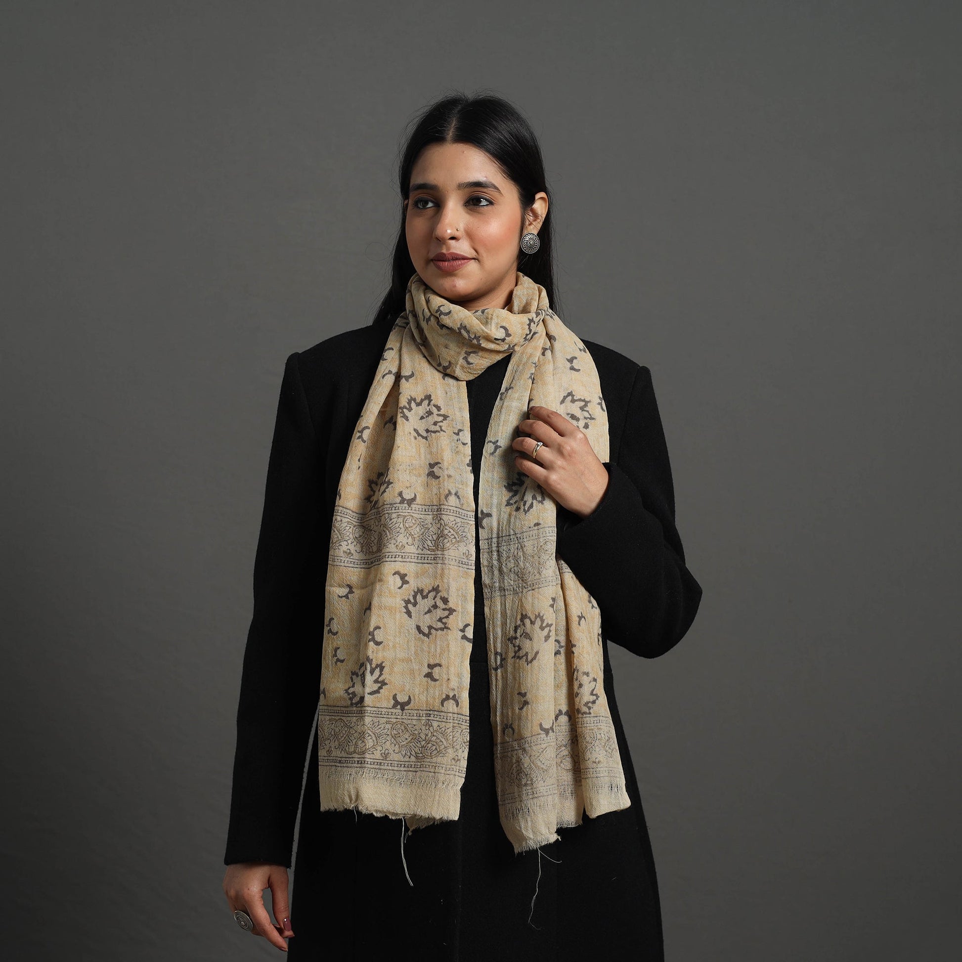 Beige - Block Print Pedana Kalamkari Wool Stole 18