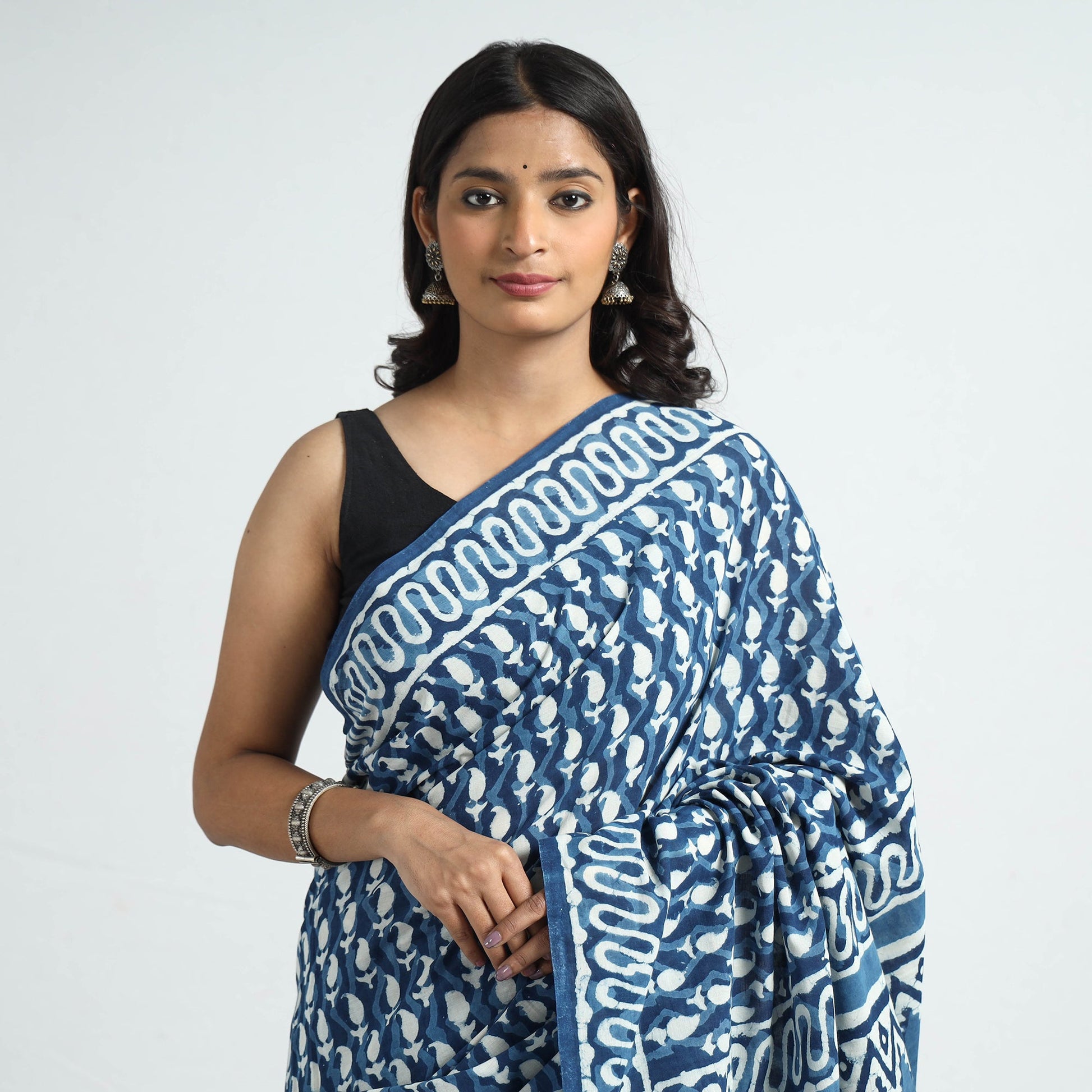 Blue - Bagru Dabu Block Printed Mul Cotton Saree