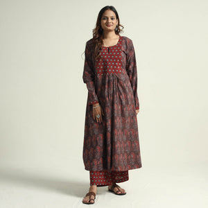 Brown - Block Print Cotton Flared Ajrakh Kurta with Palazzo Set