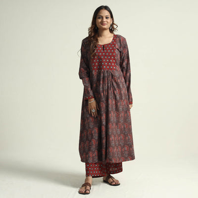 Brown - Block Print Cotton Flared Ajrakh Kurta with Palazzo Set