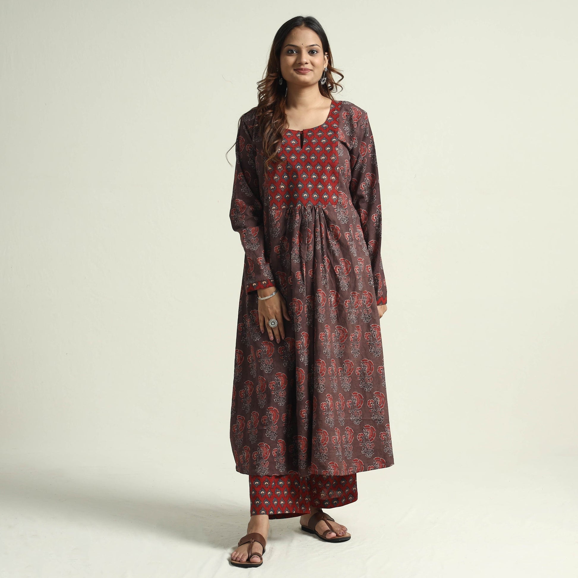 Brown - Block Print Cotton Flared Ajrakh Kurta with Palazzo Set