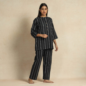 Black Jacquard Cotton Top & Pyjama Night Suit Set